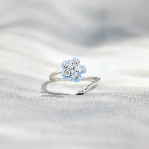 Anillo de Plata de Ley S925 Con Flor Azul Esmaltada Circonia Giratoria para Mujer Joyería Anillo de Dedo Abierto Ajustable de Moda Regalo