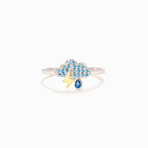 S925 Sterling Silver Cloud Lightning Raindrop Ring For Women Minimalist Fashion Blue Rhinestone Weather Jewelry Gift