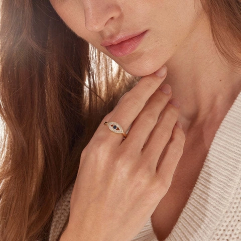 S925 Sterlingsilber Böser Blick Verstellbarer Ring Für Damen Vergoldet Blauer Stein Strass Geometrischer Minimalistischer Mode Schmuck Fingerring