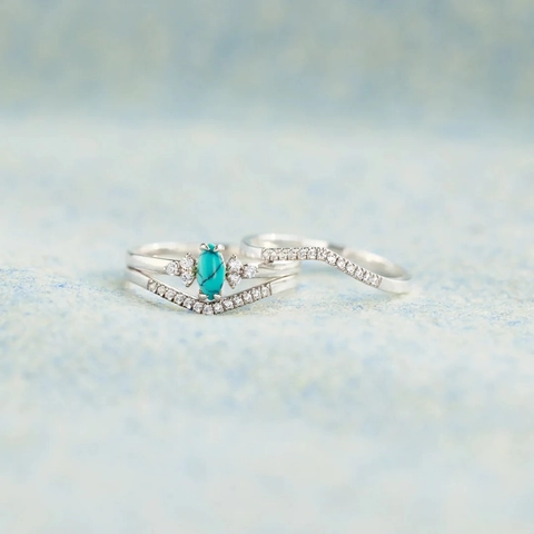 925 Sterling Silver Turquoise Ring Set For Women Marquise Cut Green Stone Rhinestone Stacking Band Simple Fashion Jewelry