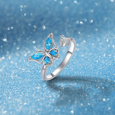 S925 Sterlingsilber Schmetterling Fidget Ring Für Damen Rotierender Blauer Strass Offener Verstellbarer Ring Stressabbau Schmuck