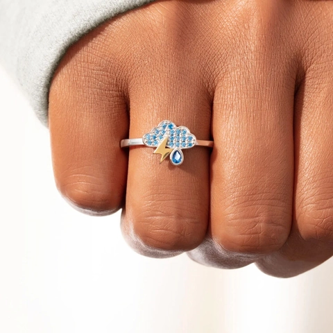 S925 Sterling Silver Cloud Lightning Raindrop Ring For Women Minimalist Fashion Blue Rhinestone Weather Jewelry Gift