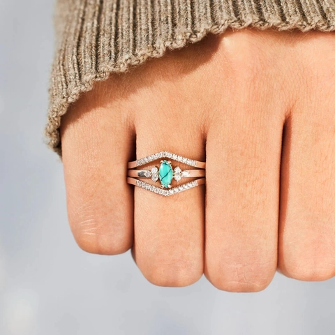 925 Sterling Silver Turquoise Ring Set For Women Marquise Cut Green Stone Rhinestone Stacking Band Simple Fashion Jewelry