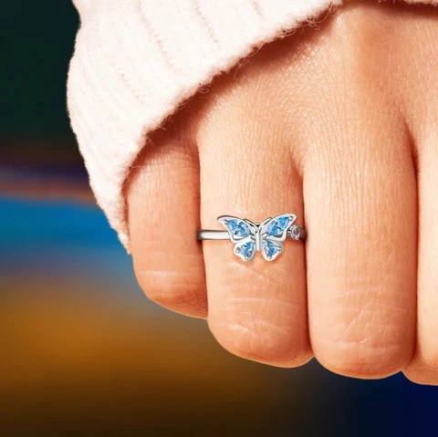 S925 Sterlingsilber Schmetterling Fidget Ring Für Damen Rotierender Blauer Strass Offener Verstellbarer Ring Stressabbau Schmuck