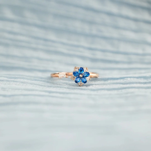 Anello Fiore Rotante in Argento Sterling 925 Placcato Oro Rosa Strass Blu Anello Aperto Regolabile Gioielli di Moda per Donna