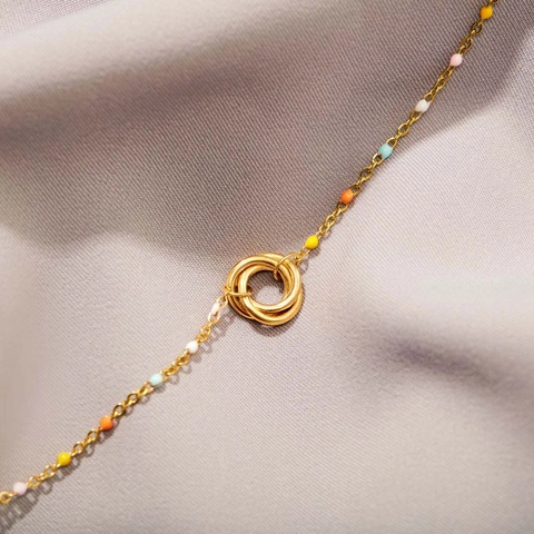 Braccialetto in Argento Sterling 925 con Anelli Intrecciati per Donna Perline di Smalto Colorate Catena Regolabile Gioielli