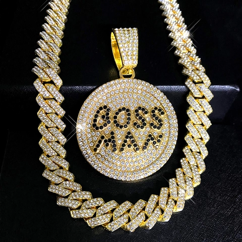 Collana Hip Hop con Ciondolo Rotondo Boss Man Catena Maglia Cubana Strass Gioielli in Lega Streetwear Uomo Donna