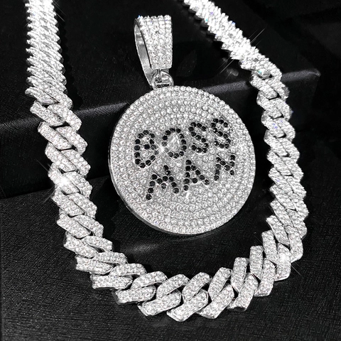 Collana Hip Hop con Ciondolo Rotondo Boss Man Catena Maglia Cubana Strass Gioielli in Lega Streetwear Uomo Donna