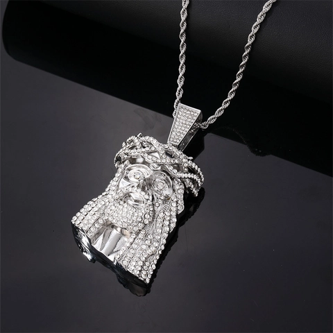 Alloy Rhinestone Jesus Piece Pendant Necklace Hip Hop Iced Out Religious Jewelry For Men Women Gold Silver Plated Rope Chain