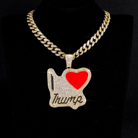 Collier Pendentif Cœur Trump en Alliage de Strass Hip Hop Chaîne Gourmette I Heart Trump Bijoux de Mode pour Homme Femme
