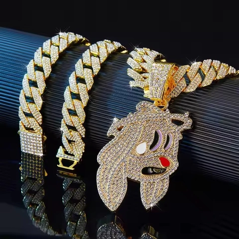 Hip Hop Iced Out Cartoon Magic Rabbit Pendant Necklace Full Rhinestone Inlaid Cuban Link Chain Alloy Jewelry For Men Women