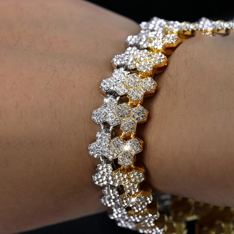 Set di Collana e Bracciale Hip Hop Iced Out Rhinestone Honeycomb Lega di Zinco Catena Geometrica Esagonale Per Uomo Donna Gioielli