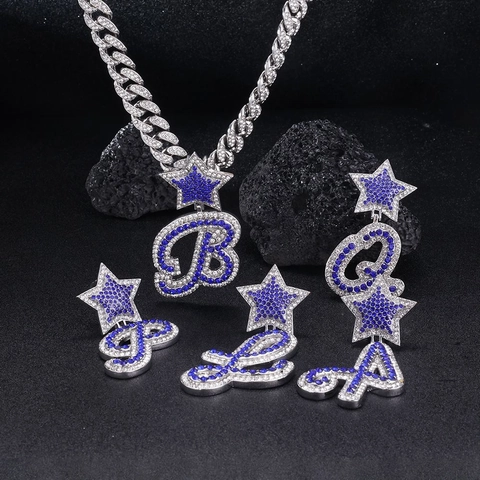 Collana con Ciondolo Alfabeto Hip Hop con Strass Blu Lega Argentata Ciondolo Lettera con Stella Decorazione Gioielli Personalizzati Unisex