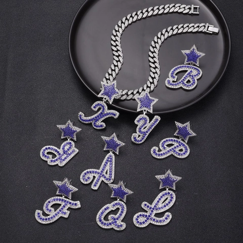 Collana con Ciondolo Alfabeto Hip Hop con Strass Blu Lega Argentata Ciondolo Lettera con Stella Decorazione Gioielli Personalizzati Unisex