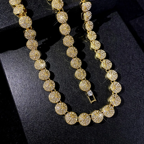 Iced Out Cuban Link Chain Necklace For Men Alloy Pave Rhinestone Hip Hop Rock Jewelry Gold Silver Round Disc Link Necklace