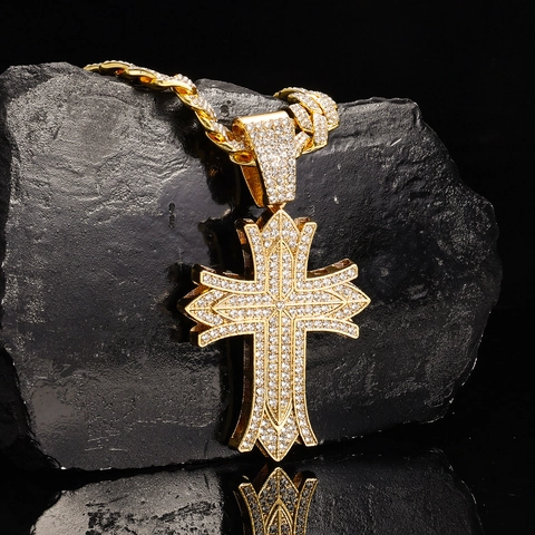 Iced Out Legierung Strass Kreuz Anhänger Halskette Panzerkette Hip Hop Schmuck Für Damen Herren Gold Silber Plattiert