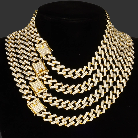 Heren Hip Hop Iced Out Cubaanse Schakel Halsketting Legering Strass Volledig Ingelegd Geometrische Ruit Sluiting Sieraden