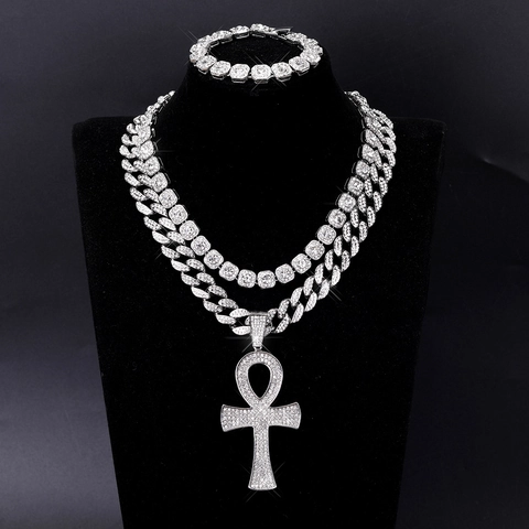 Iced Out Hip Hop Anch-Kreuz Anhänger Halskette Legierung Strass Panzerkette Herren Schmuck Gold Silber Schwarz