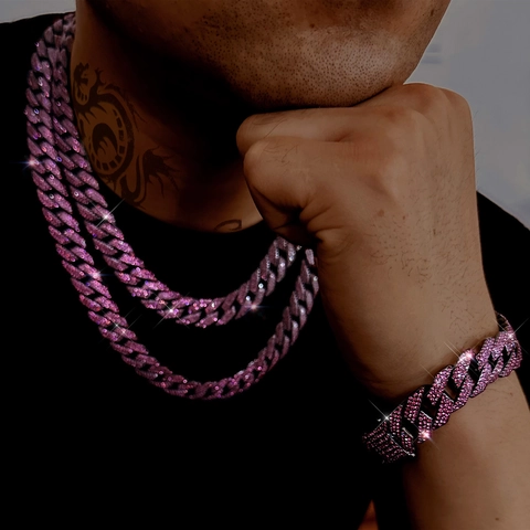Collar de Eslabones Cubanos de 14mm Iced Out para Hombre Aleación Rombo Brillantes Hip Hop Rock Joyería de Fiesta Oro Plata Rosa