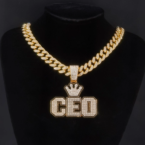 Hip Hop CEO Buchstabe Krone Anhänger Halskette Für Herren Strass Legierung Panzerkette Gold Silber Ton Schmuck