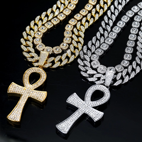 Iced Out Hip Hop Anch-Kreuz Anhänger Halskette Legierung Strass Panzerkette Herren Schmuck Gold Silber Schwarz
