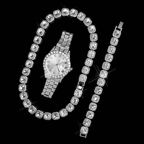 Orologio al Quarzo Iced Out da Uomo Collana Bracciale Lega Strass Lusso Hip Hop Gioielli Collezione Orologio Collana Bracciale