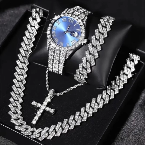 Lussuoso Set di Gioielli e Orologio Hip Hop da Uomo in Lega con Strass Collana a Catena Cuban Link Bracciale Ciondolo Croce