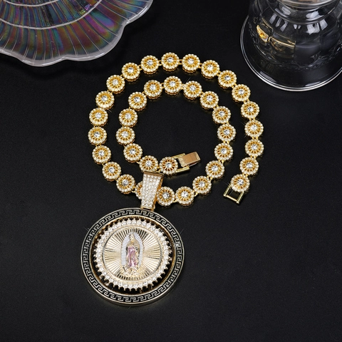 Hip Hop Alloy Rhinestone St Jude Religious Icon Pendant Necklace With Greek Key Pattern Daisy Chain Jewelry For Women Men