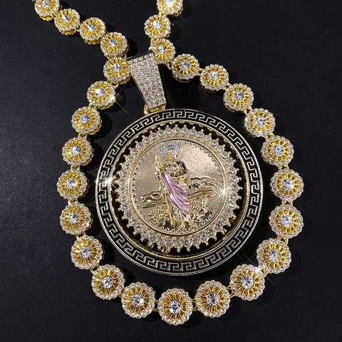 Hip Hop Alloy Rhinestone St Jude Religious Icon Pendant Necklace With Greek Key Pattern Daisy Chain Jewelry For Women Men