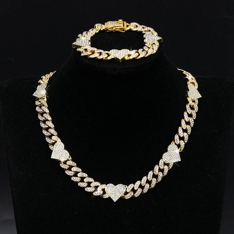 Hip Hop Iced Out Collana a Maglia Cubana E Bracciale per Uomo Donna Lega Strass Design a Cuore Gioielli di Moda Argento Oro