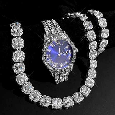 Orologio al Quarzo Iced Out da Uomo Collana Bracciale Lega Strass Lusso Hip Hop Gioielli Collezione Orologio Collana Bracciale