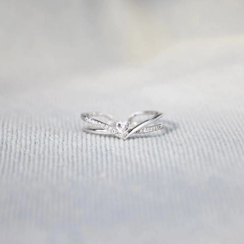 925 Sterling Silver Heart Zircon Adjustable Ring V Shaped Chevron Wishbone Pave Open Finger Jewelry For Women