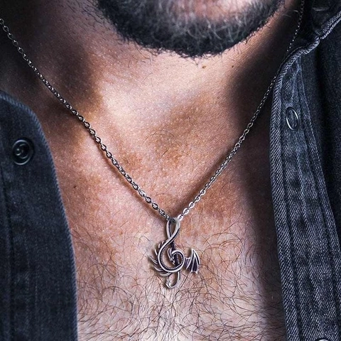 Collana con Pendente a Chiave di Violino e Drago in Argento Sterling 925 da Uomo Gioielli Punk Vintage in Argento Ossidato