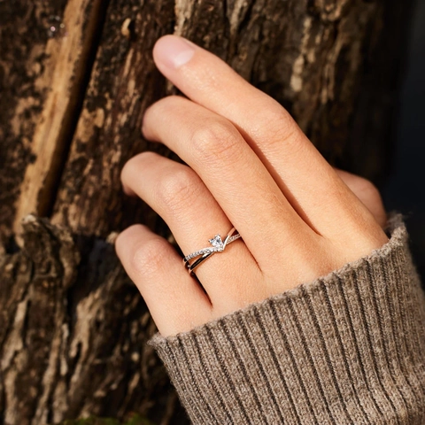 925 Sterling Silver Heart Zircon Adjustable Ring V Shaped Chevron Wishbone Pave Open Finger Jewelry For Women