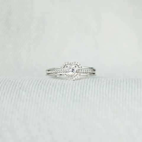925 Sterling Silver Heart Ring Set For Women Shimmering Rhinestone Minimalist Double Layer Finger Rings Fashion Jewelry Gift