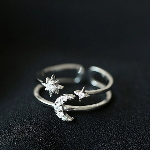 925 Sterling Silver Star Moon Zirconia Open Ring For Women Double Layer Adjustable Fashion Geometric Finger Ring Jewelry