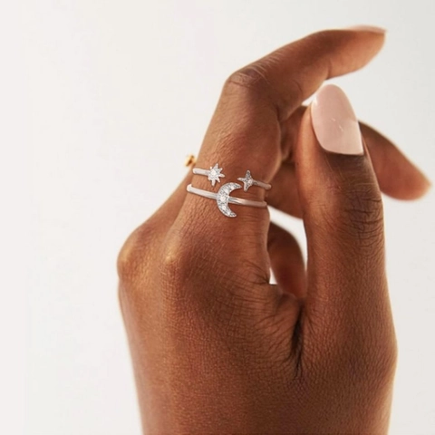925 Sterling Silver Star Moon Zirconia Open Ring For Women Double Layer Adjustable Fashion Geometric Finger Ring Jewelry