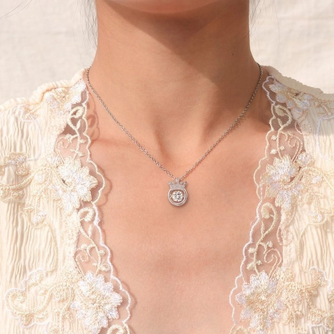 Collar con Colgante de Corazón y Corona de Plata de Ley 925 para Mujer Cadena de Clavícula con Diamantes de Imitación Brillantes Joyería