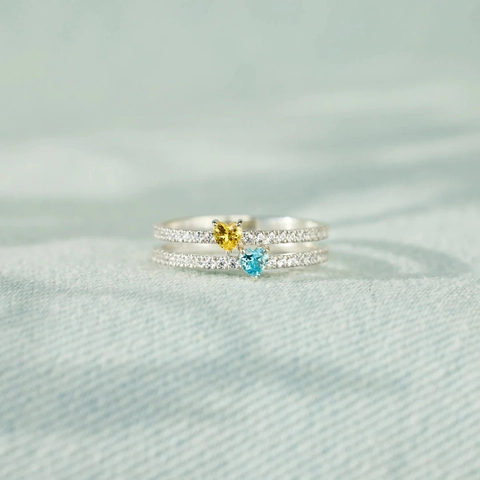 Bague Double Cœur en Argent Sterling 925 avec Zirconia pour Femme Bijoux de Mode Minimalistes Pierre Jaune Bleu Électroplaqués Cadeau