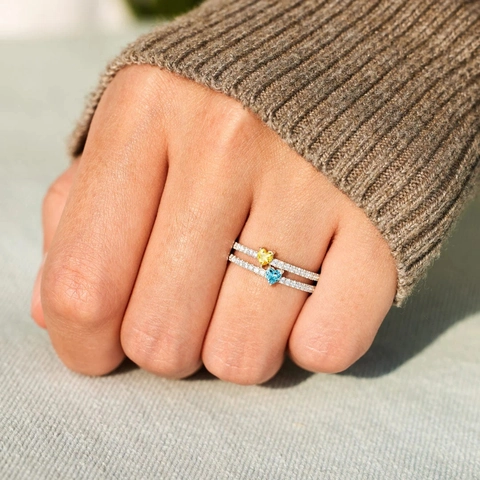 Bague Double Cœur en Argent Sterling 925 avec Zirconia pour Femme Bijoux de Mode Minimalistes Pierre Jaune Bleu Électroplaqués Cadeau