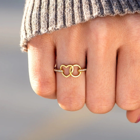 S925 Sterling Zilveren Gekoppeld Hart Rond Zirconia Ring Voor Vrouwen Elegant Verguld Geometrische Ring Mode Sieraden