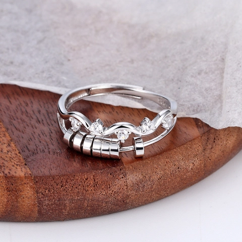 925 Sterling Silver Spinning Decompression Ring For Women Wave Adjustable Open Ring With Rhinestone Anxiety Relief Beads
