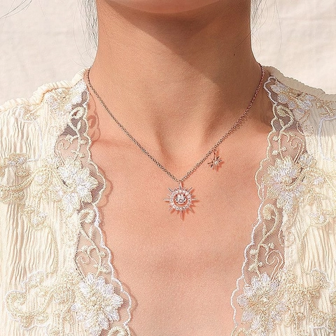 Collana con Pendente a Stella con Raggi di Sole in Argento Sterling 925 per Donna con Strass Scintillanti Gioielli Minimalisti