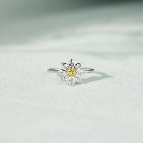 Bague Tournesol en Argent Sterling 925 pour Femme Plaqué Or Platine Strass Bleu Jaune Fleur Bague Réglable Bijoux