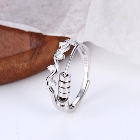 925 Sterling Silver Spinning Decompression Ring For Women Wave Adjustable Open Ring With Rhinestone Anxiety Relief Beads
