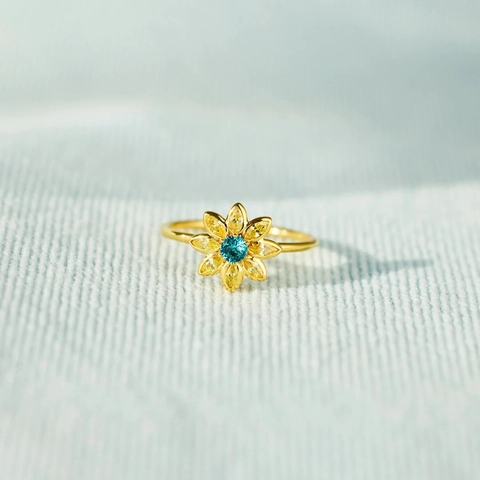 Bague Tournesol en Argent Sterling 925 pour Femme Plaqué Or Platine Strass Bleu Jaune Fleur Bague Réglable Bijoux