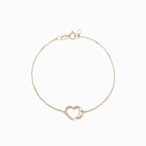 Bracciale S925 Sterling Argento con Ciondolo Cuore e Punto e Virgola Strass Rosa per Donna Gioielli di Moda Geometrici Minimalisti Regalo