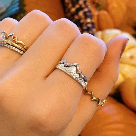 925 Sterling Silver Mountain Peak Stackable Ring Set For Women Rhinestone Inlaid Double Layer Geometric Jewelry Minimalist Ring