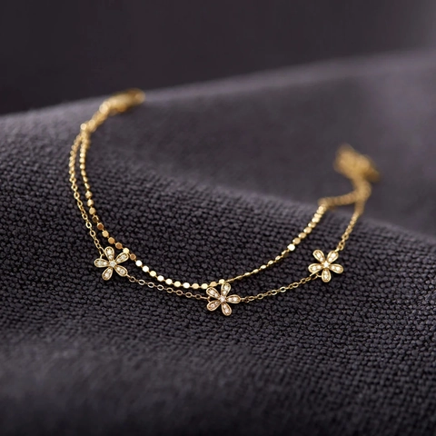 S925 Sterling Silver Flower Double Layered Bracelet For Women Gold Plated Rhinestone Elegant Adjustable Chain Fashion Jewelry