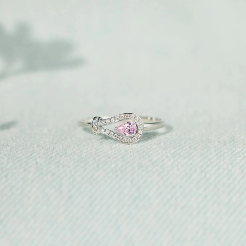 925 Sterling Silver Teardrop Ring For Women Pink Artificial Gemstone Pave Rhinestone Horseshoe Knot Minimalist Fashion Jewelry